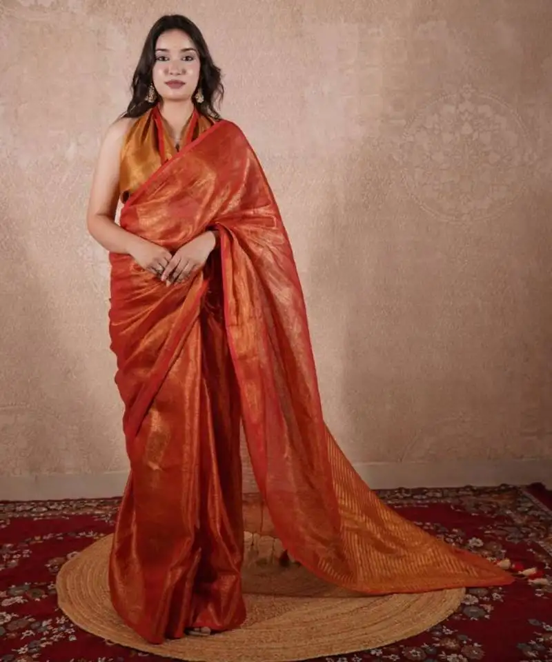 Red zari saree with striped pallu