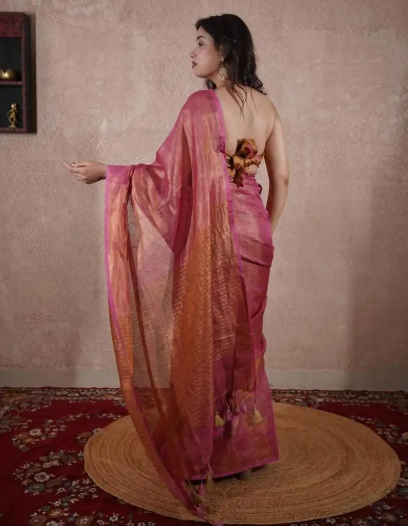 Pink zari saree with striped pallu