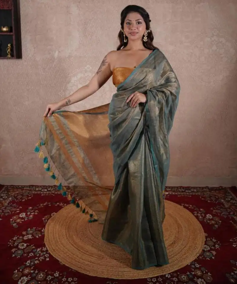 Green saree with zari stripes