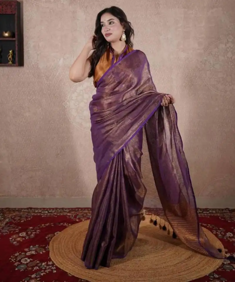 Purple saree with striped pallu