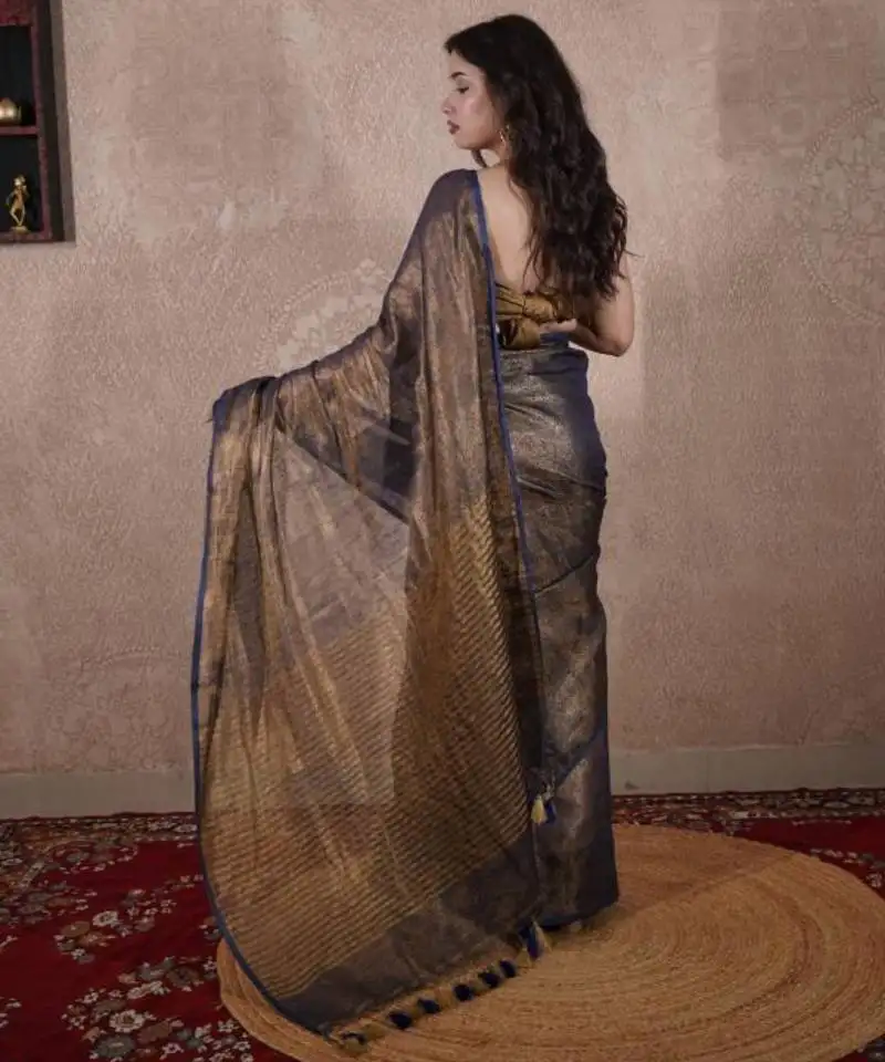 Blue zari saree with striped pallu