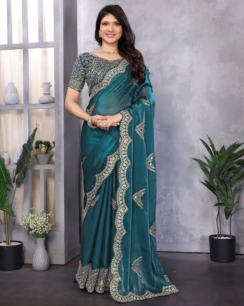 Teal shimmer chiffon butta embroidery work bollywood saree