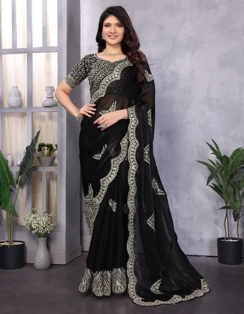 Black shimmer chiffon butta embroidery work bollywood saree