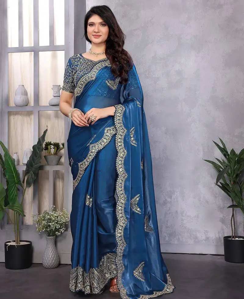 Royal blue shimmer chiffon butta embroidery work bollywood saree