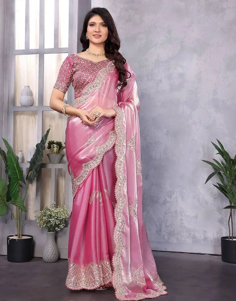 Baby pink shimmer chiffon butta embroidery work bollywood saree