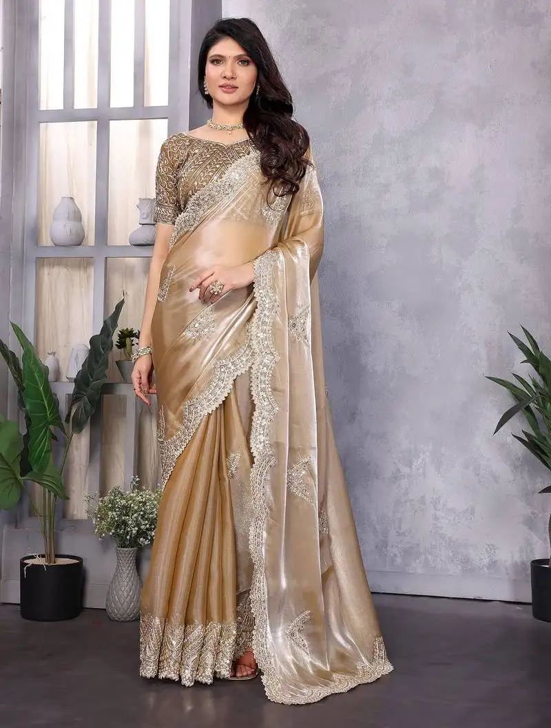 Ivory shimmer chiffon butta embroidery work bollywood saree