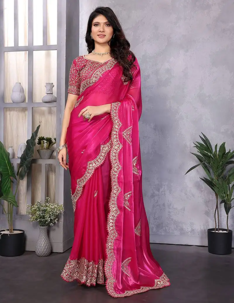 Hot pink shimmer chiffon butta embroidery work bollywood saree