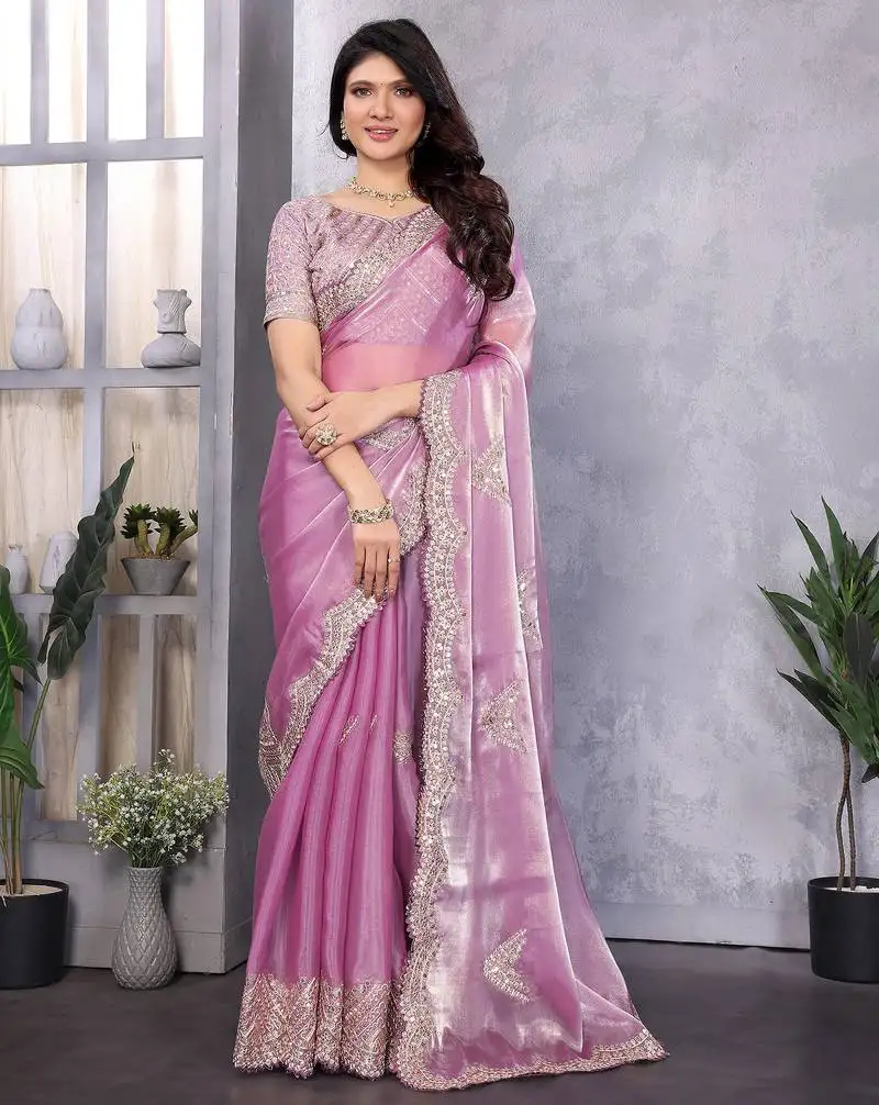Lavender shimmer chiffon butta embroidery work bollywood saree