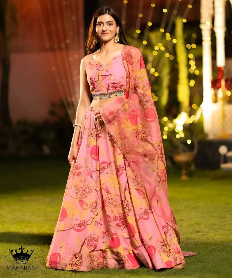 Peach flower print satin silk lehenga blouse with dupatta
