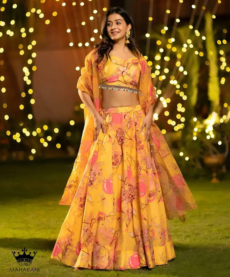 Mustard flower print satin silk lehenga blouse with dupatta
