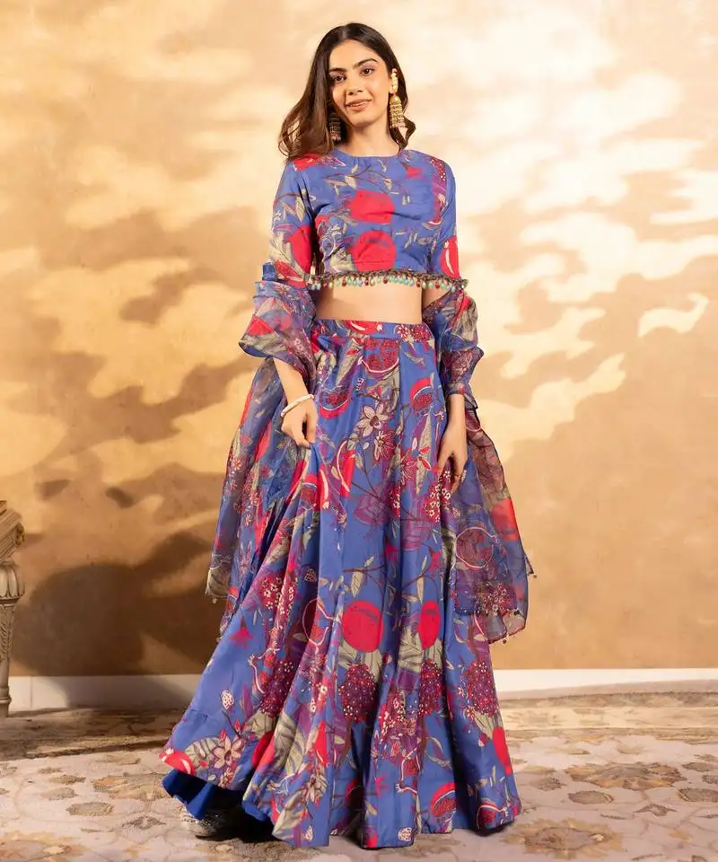 Blue flower print satin silk lehenga blouse with dupatta