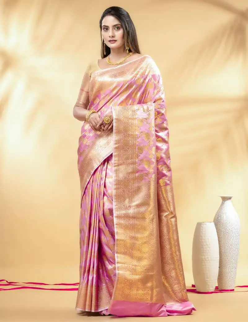 Pink katan banarasi silk blend saree with golden zari weaving