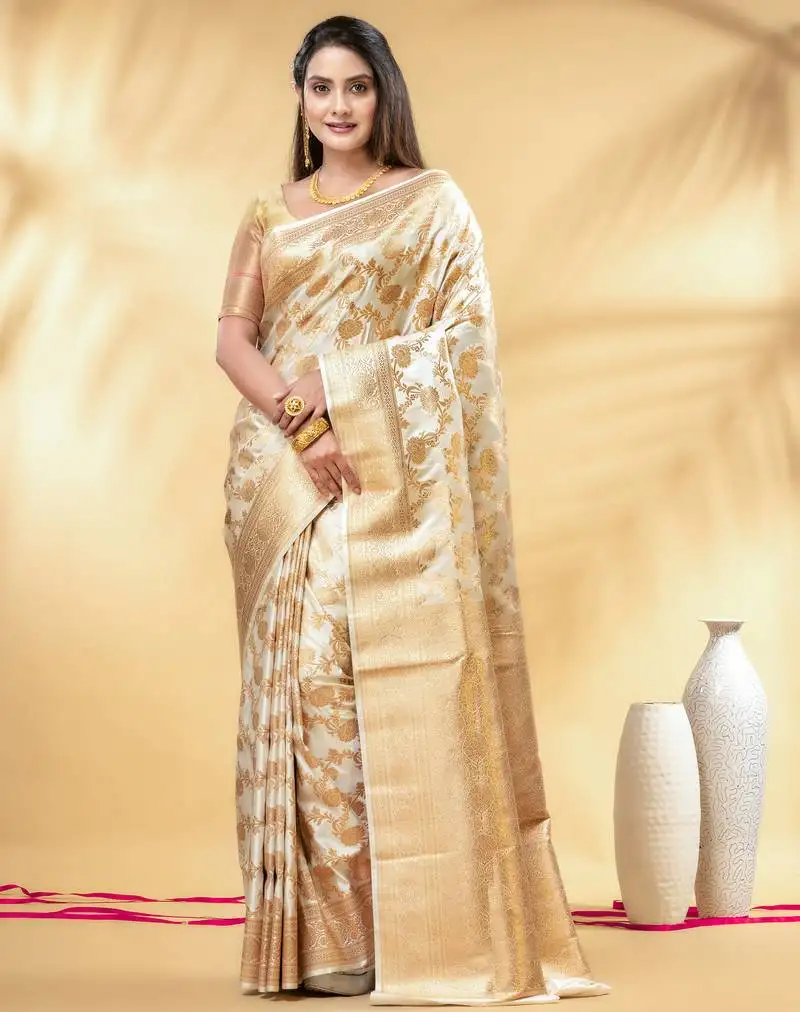White katan banarasi silk blend saree with golden zari weaving
