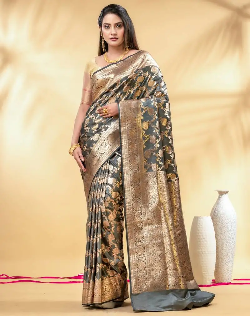 Grey katan banarasi silk blend saree with golden zari weaving