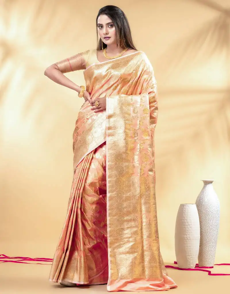 Peach katan banarasi silk blend saree with golden zari weaving