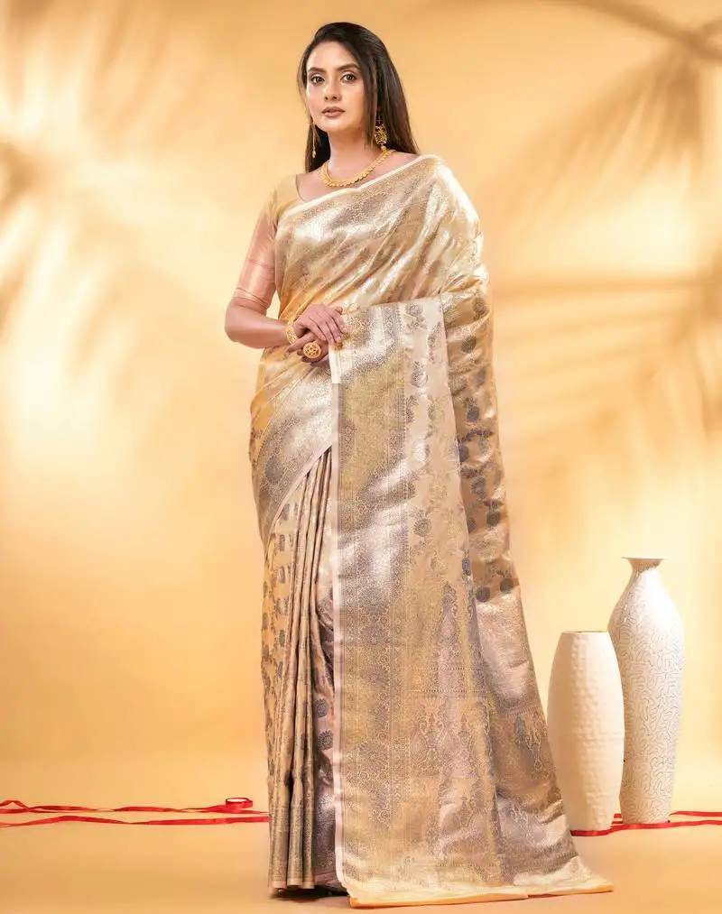 Apricot katan banarasi silk blend saree with golden zari weaving