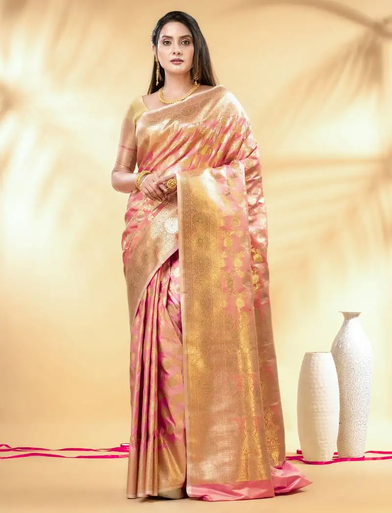 Baby pink katan banarasi silk blend saree with golden zari weaving