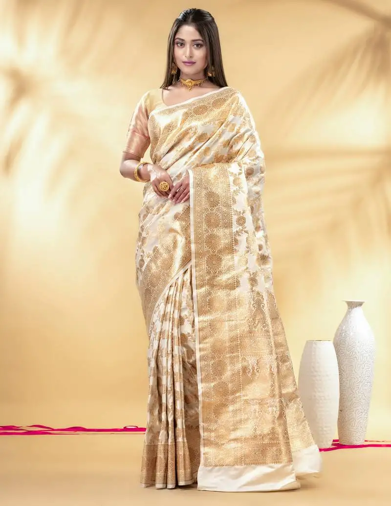 Off white katan banarasi silk blend saree with golden zari weaving