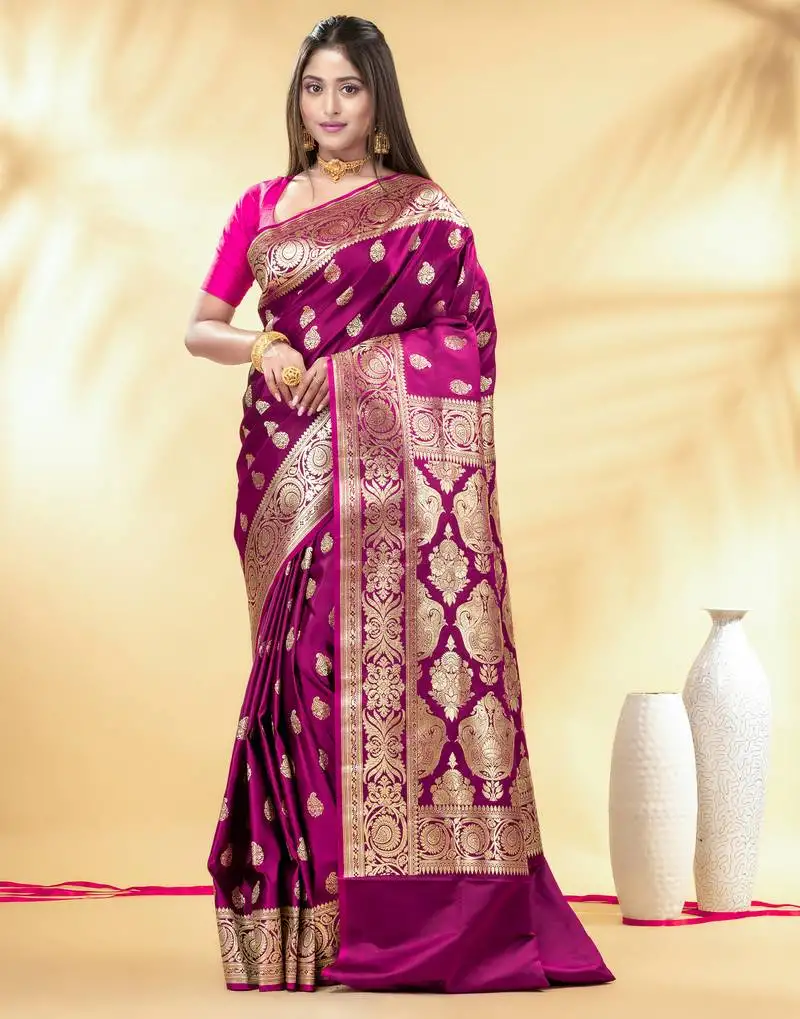 Magenta katan banarasi silk blend saree with gold zari brocade weaving