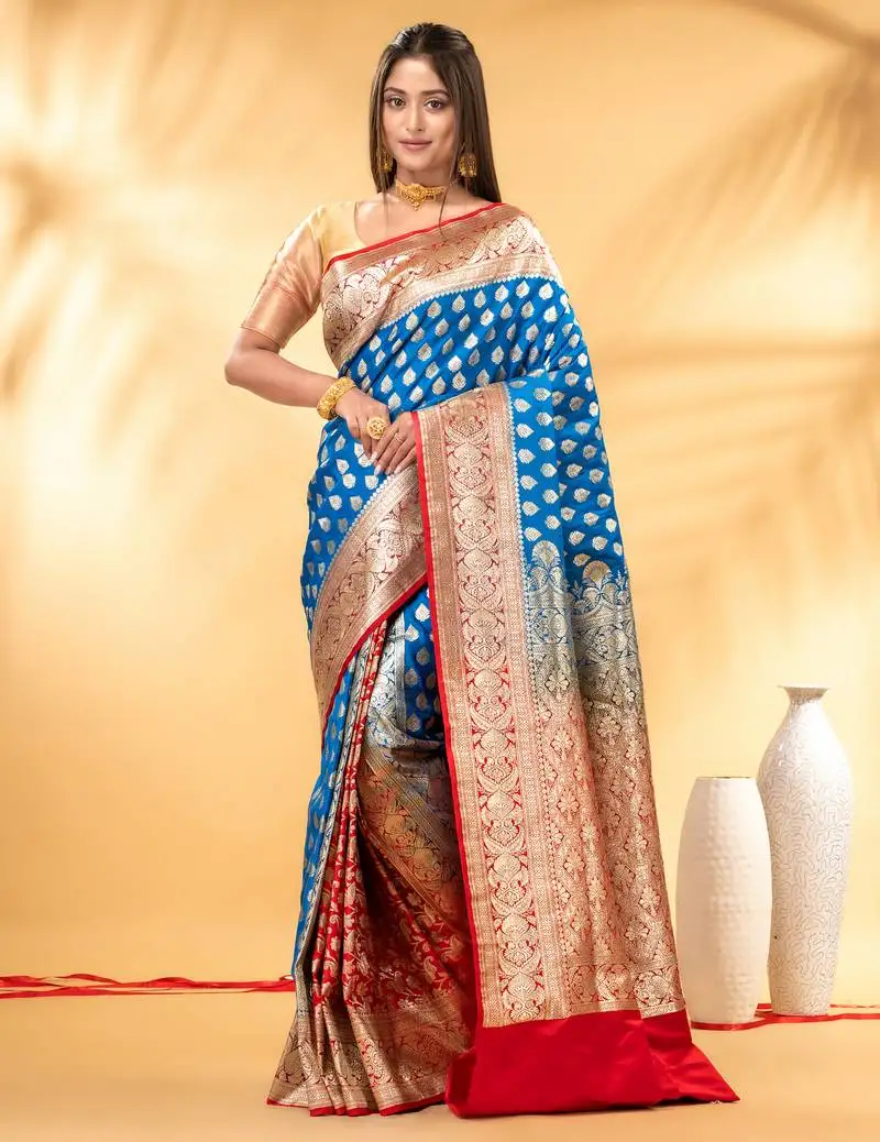 Sky blue and red katan silk blend patli pallu banarasi saree with zari weaving