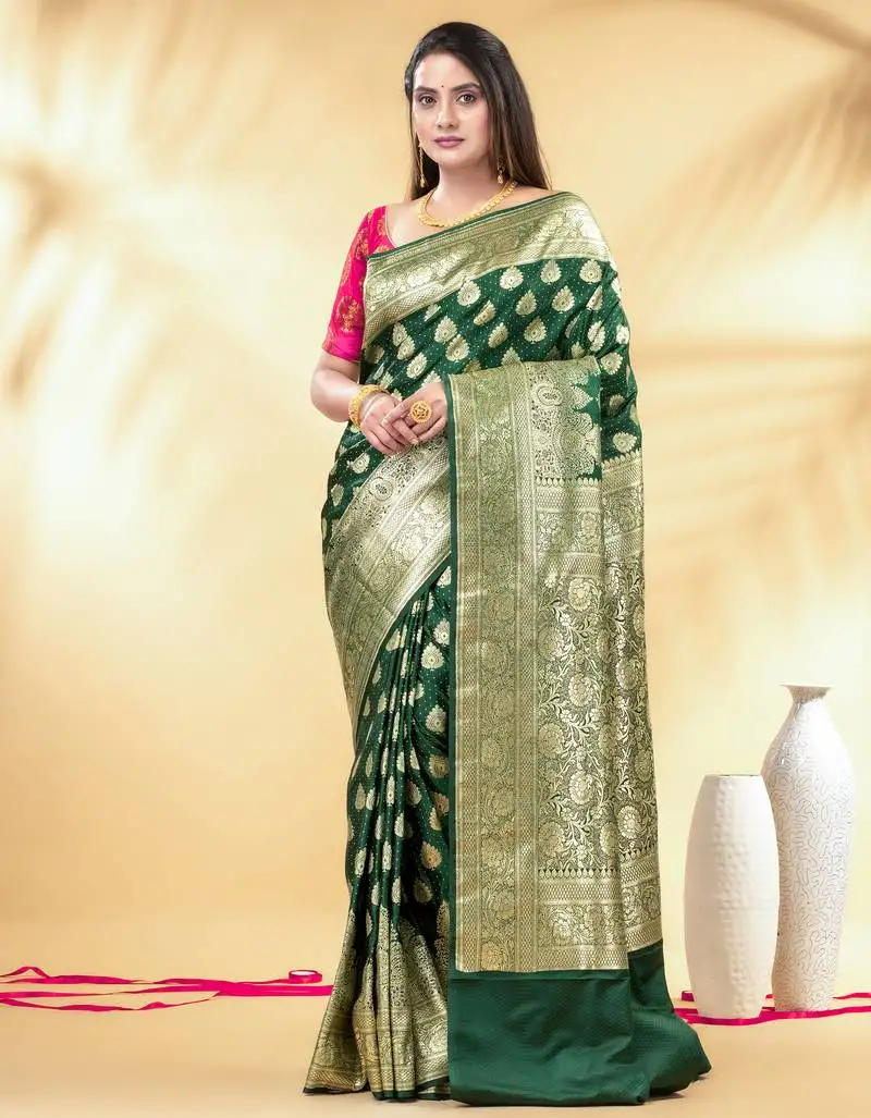 Green katan banarasi silk blend saree with golden zari and buta design