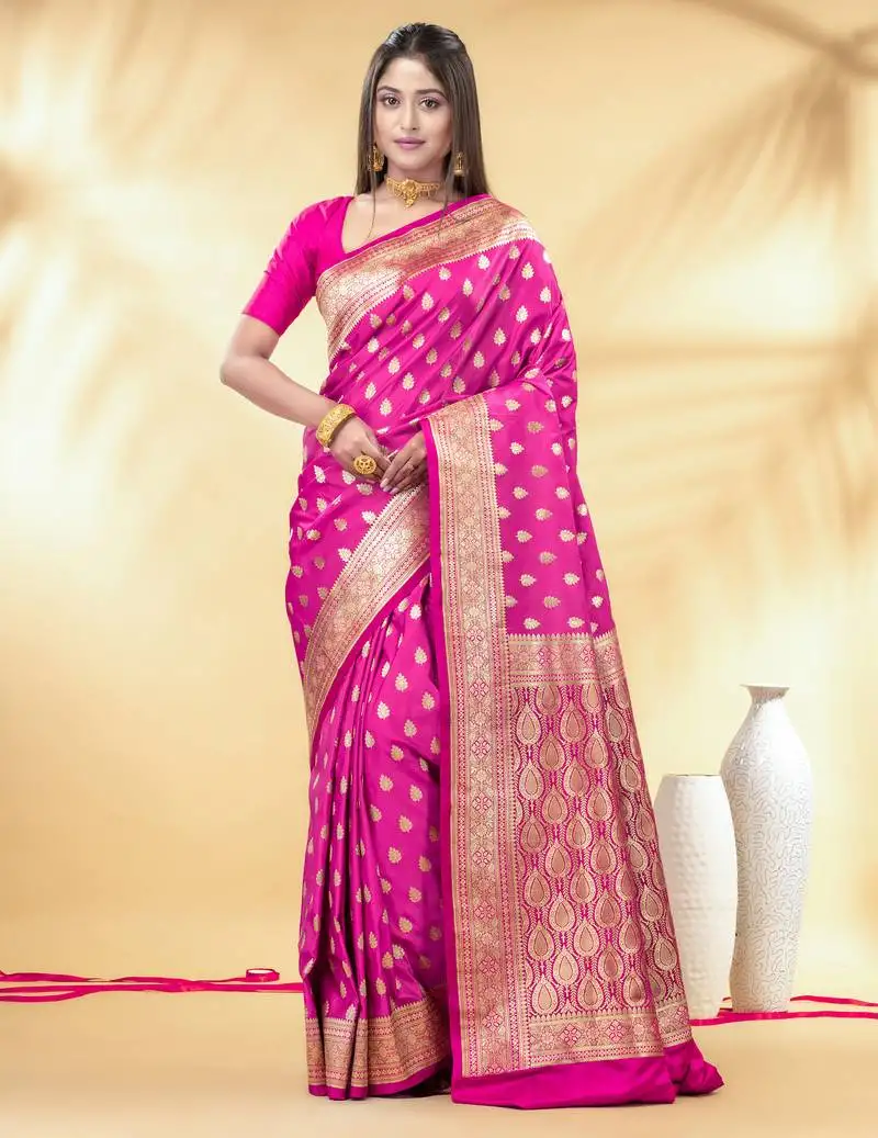 Pink katan banarasi silk blend saree with gold zari buta