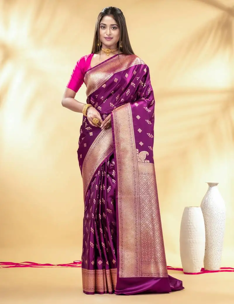 Violet katan banarasi silk blend saree with gold zari weaving