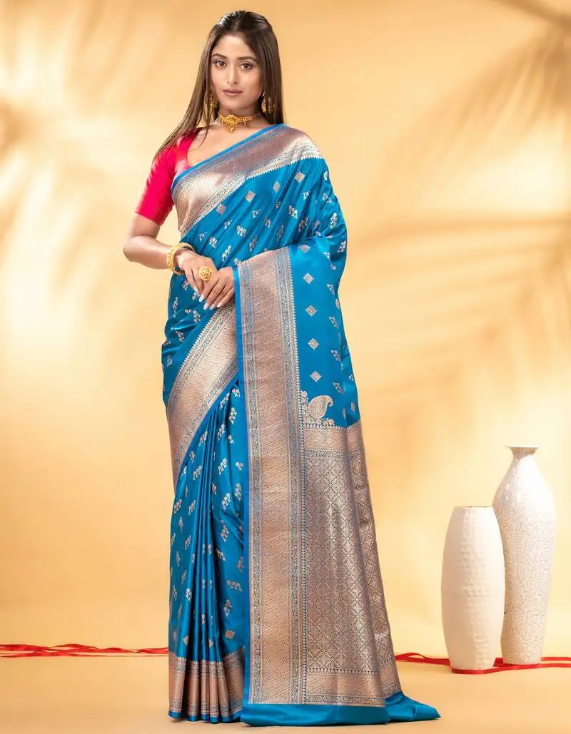 Sky blue katan banarasi silk blend saree with gold zari weaving