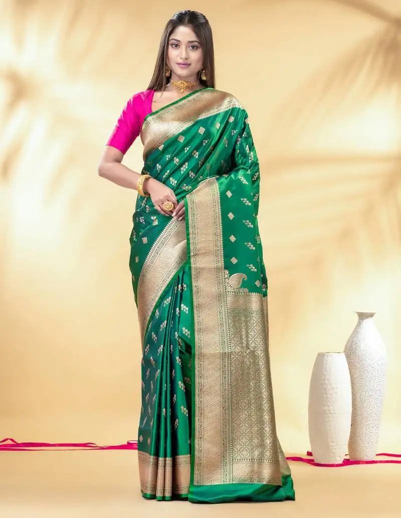 Green dual tone katan banarasi silk blend saree with gold zari weaving