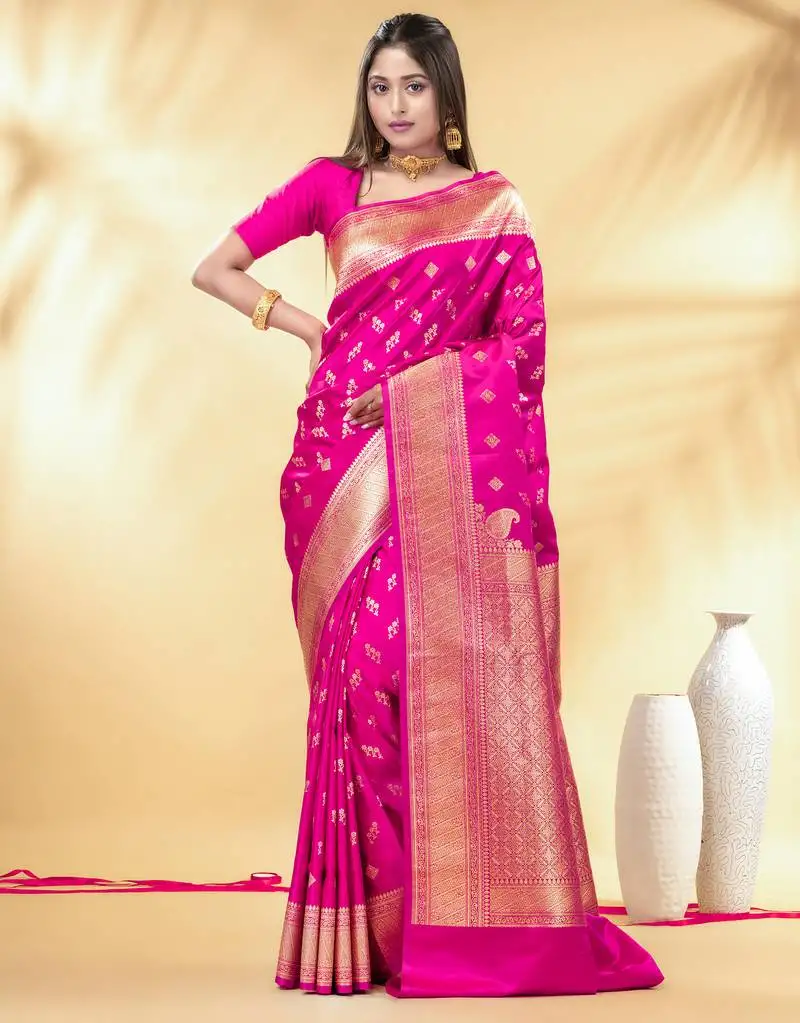 Pink katan banarasi silk blend saree with gold zari weaving