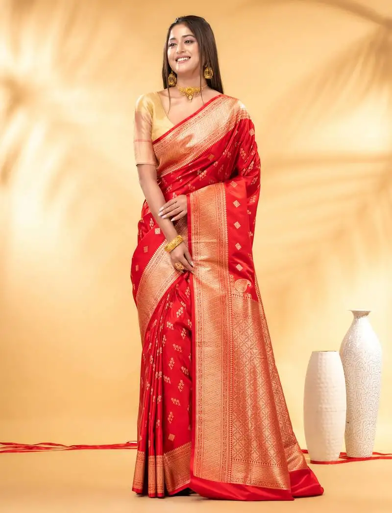 Red katan banarasi silk blend saree with gold zari weaving