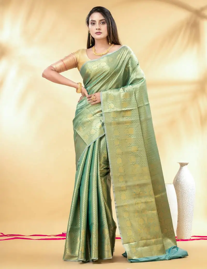 Turquoise blue katan banarasi silk blend saree with gold zari weaving