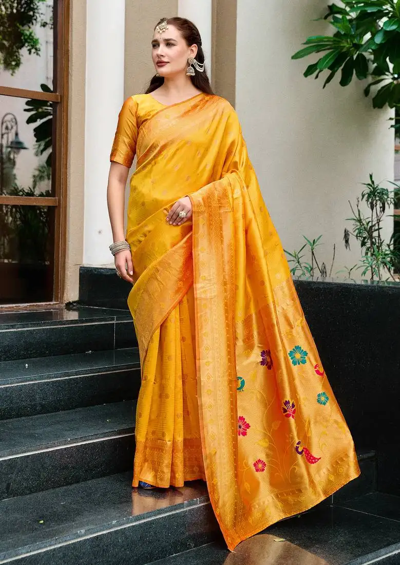 Orange woven floral silk blend zari weaving paithani saree