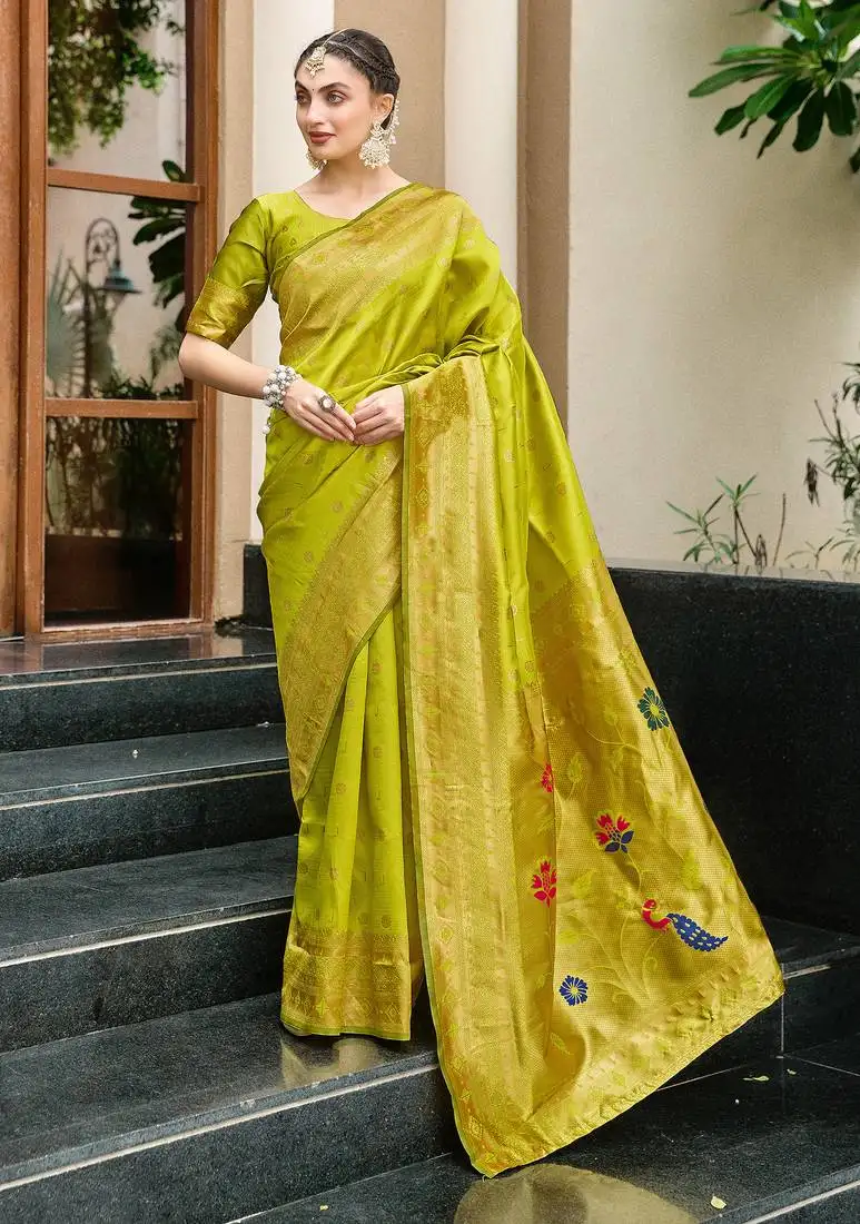 Light green woven floral silk blend zari weaving paithani saree