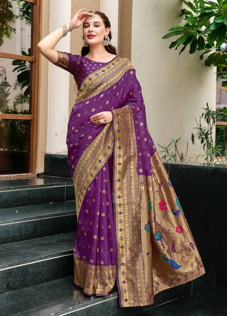 Purple woven floral silk blend zari weaving paithani saree