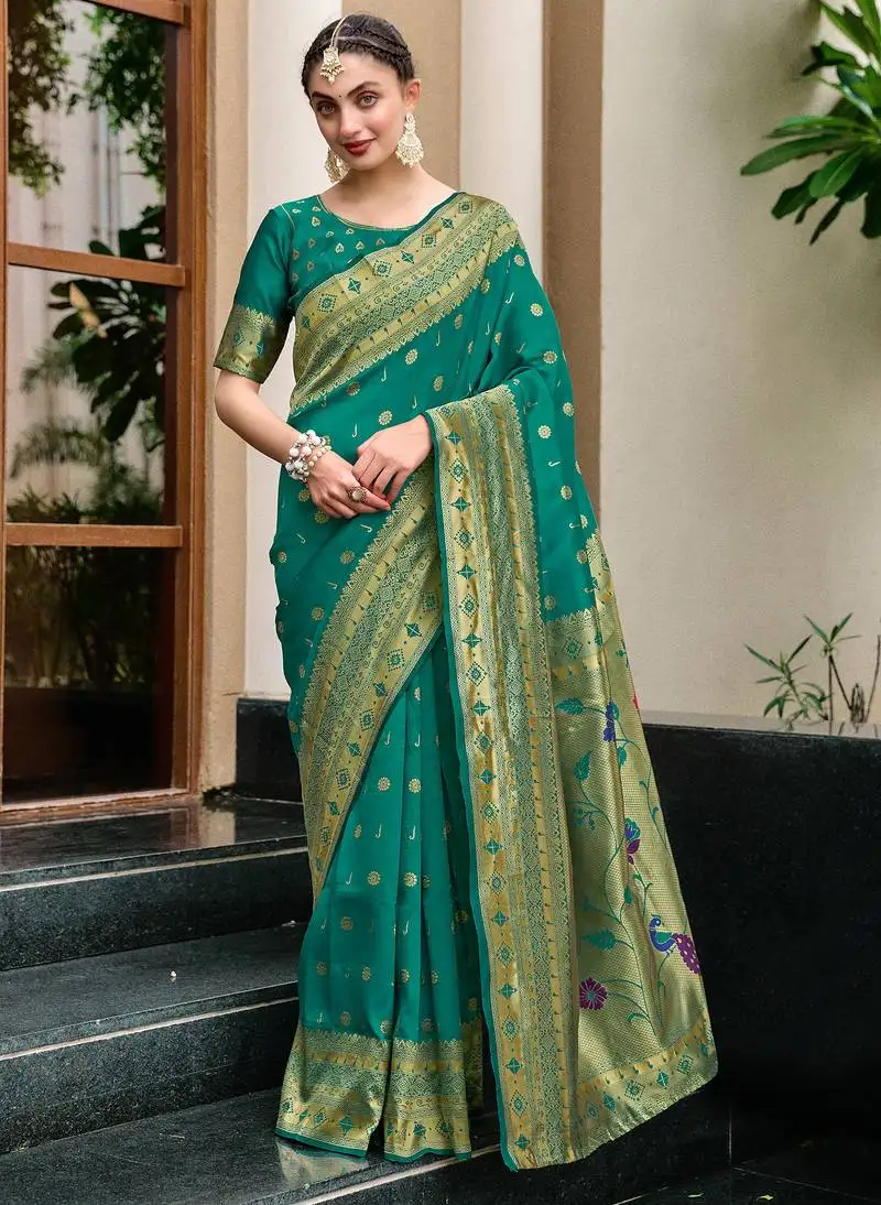 Green woven floral silk blend zari weaving paithani saree