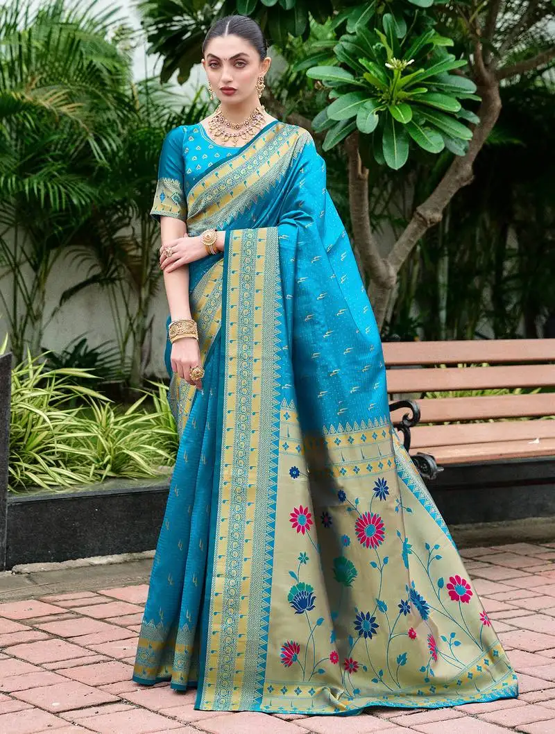 Sky blue woven floral silk blend zari weaving paithani saree