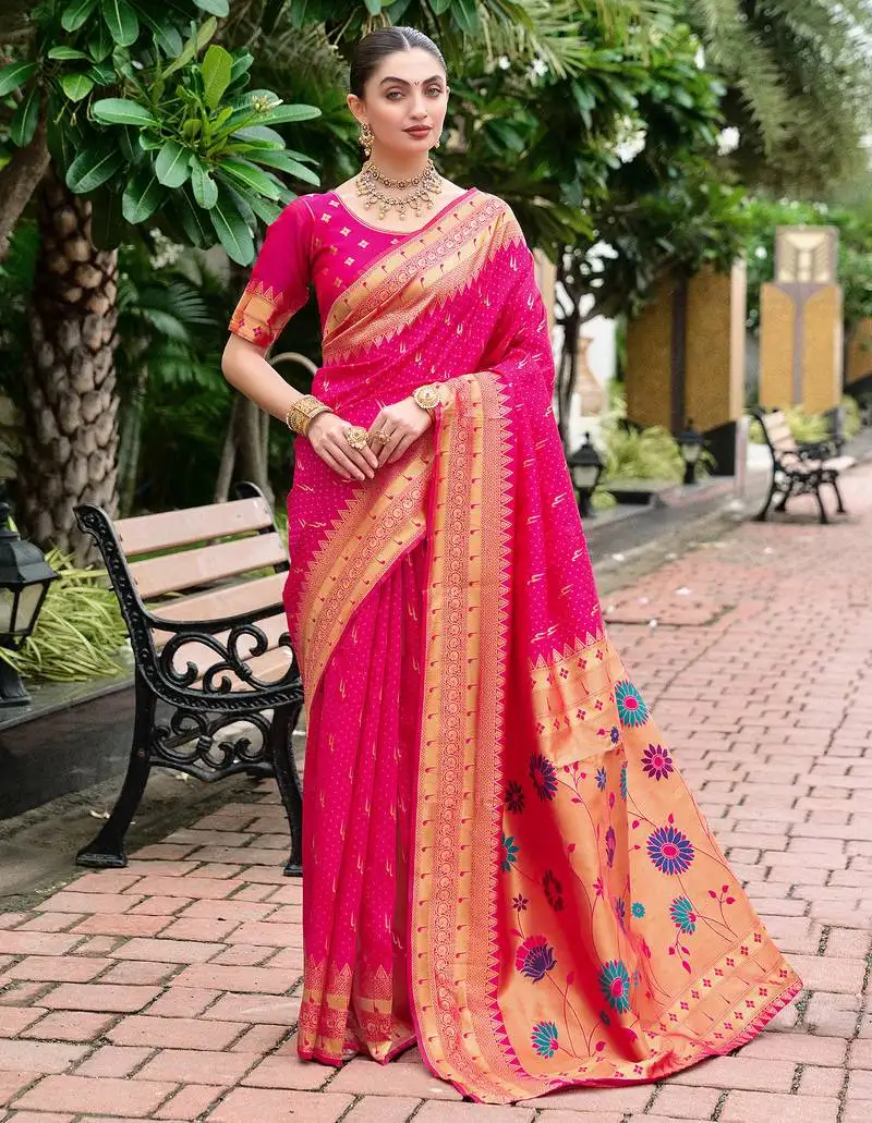 Hot pink woven floral silk blend zari weaving paithani saree