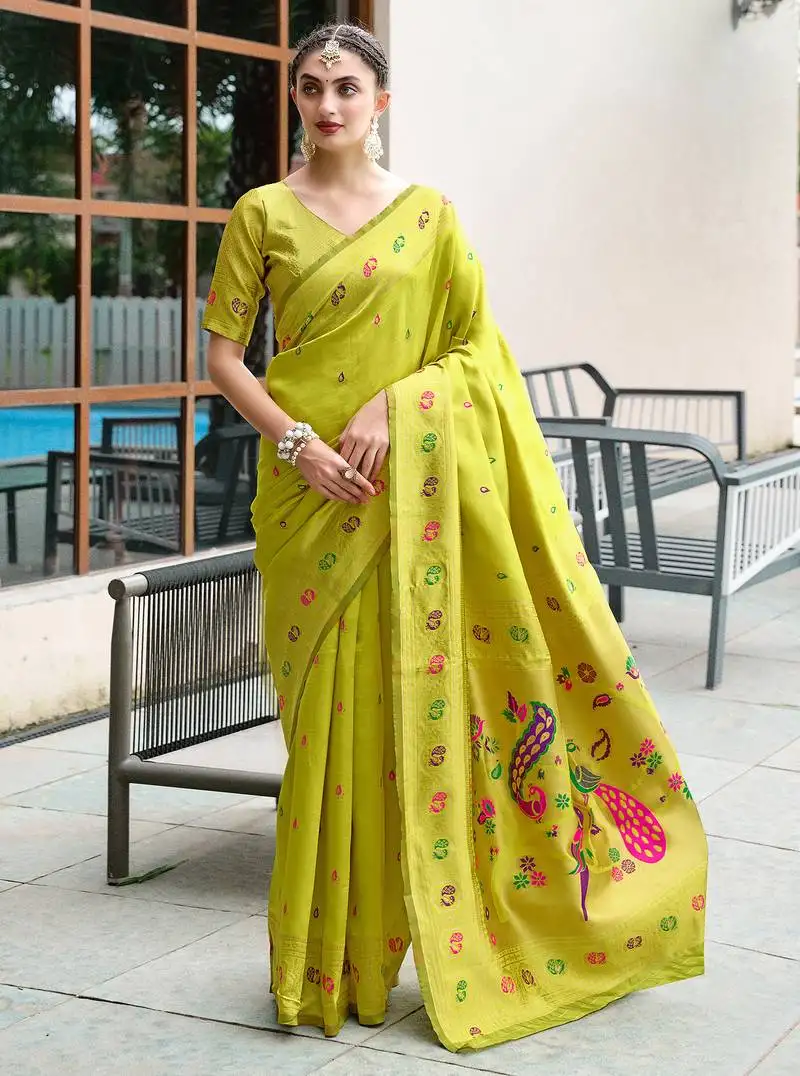 Light green floral butti silk blend zari weaving paithani saree