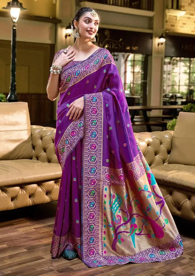 Purple floral butti silk blend zari weaving paithani saree