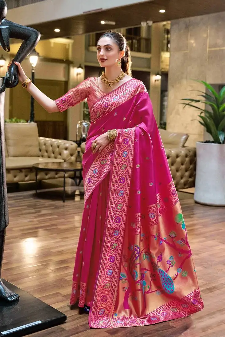 Hot pink floral butti silk blend zari weaving paithani saree