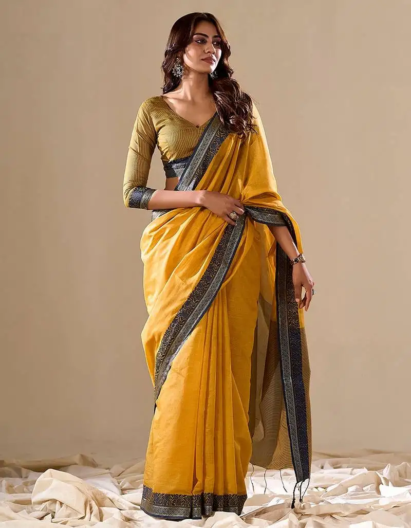 Yellow handloom silk blend woven pallu border saree