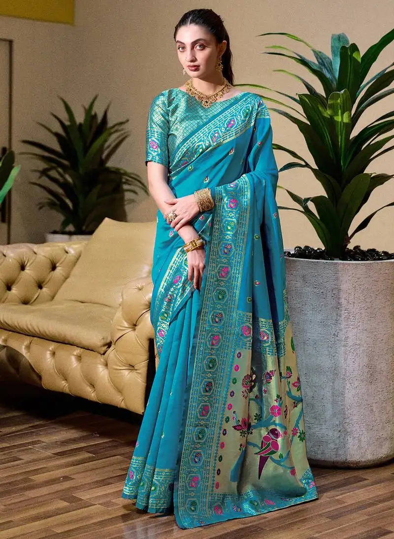 Sky blue floral butti silk blend zari weaving paithani saree