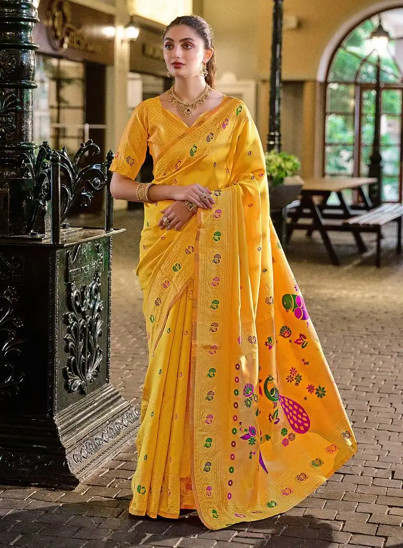 Golden yellow floral butti silk blend zari weaving paithani saree