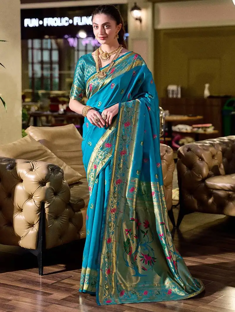 Sky blue peacock butti silk blend zari weaving paithani saree
