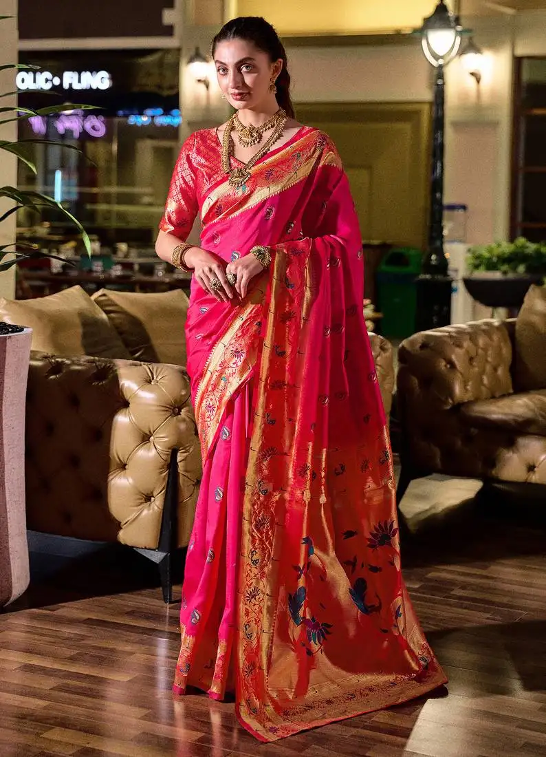 Red peacock butti silk blend zari weaving paithani saree