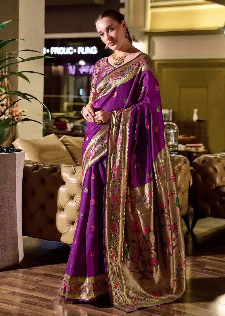 Purple peacock butti silk blend zari weaving paithani saree