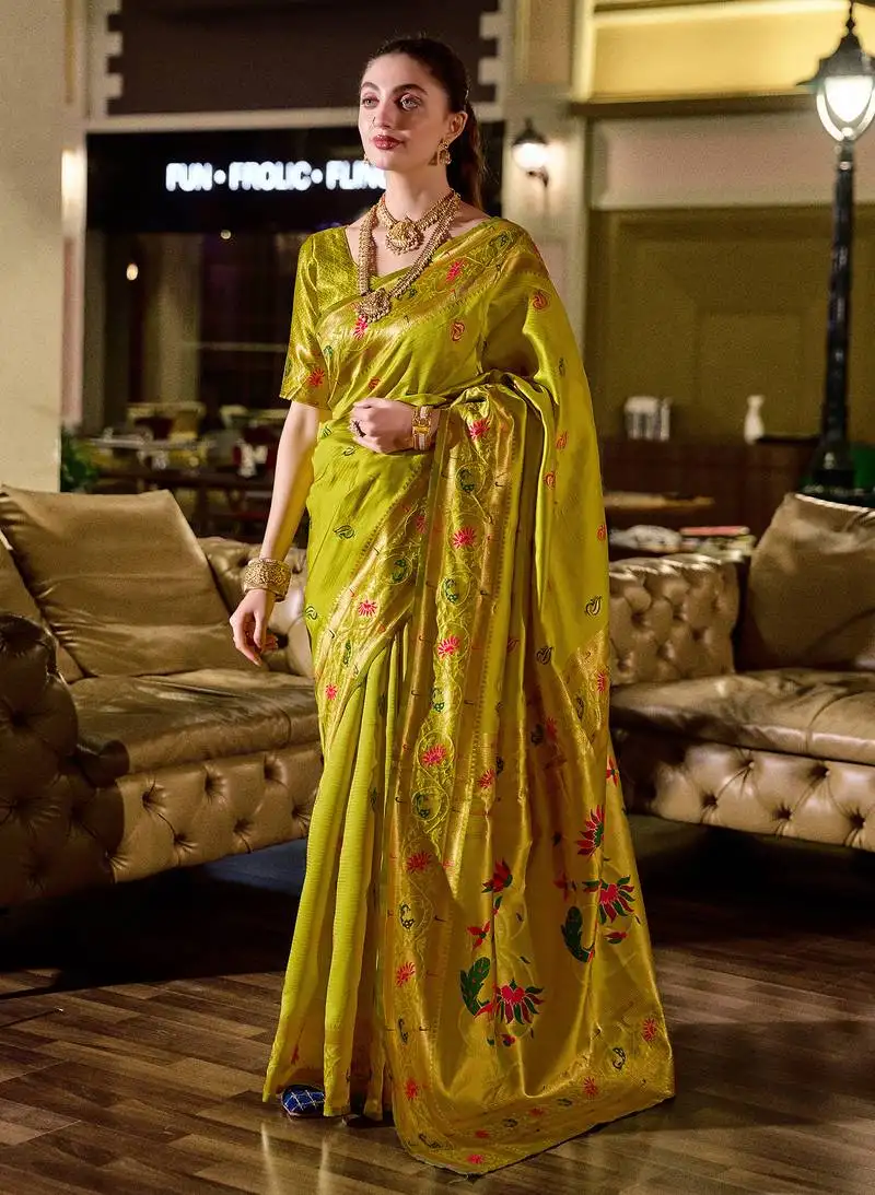 Light green peacock butti silk blend zari weaving paithani saree