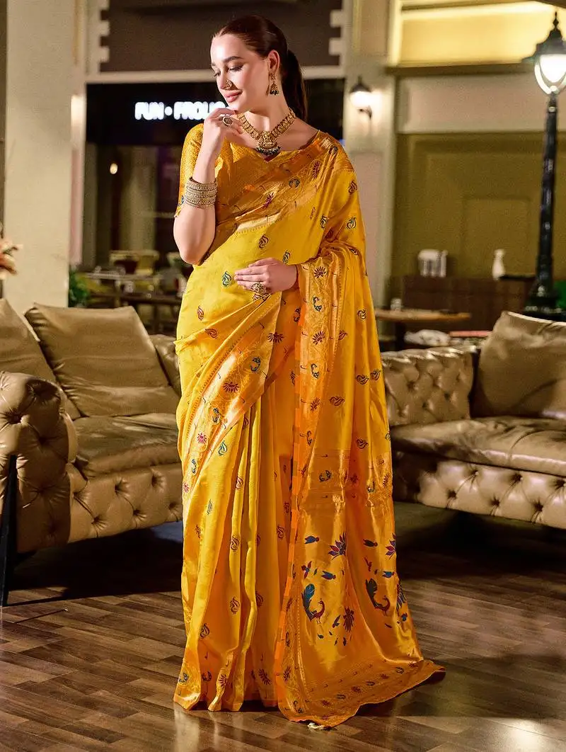 Golden yellow peacock butti silk blend zari weaving paithani saree