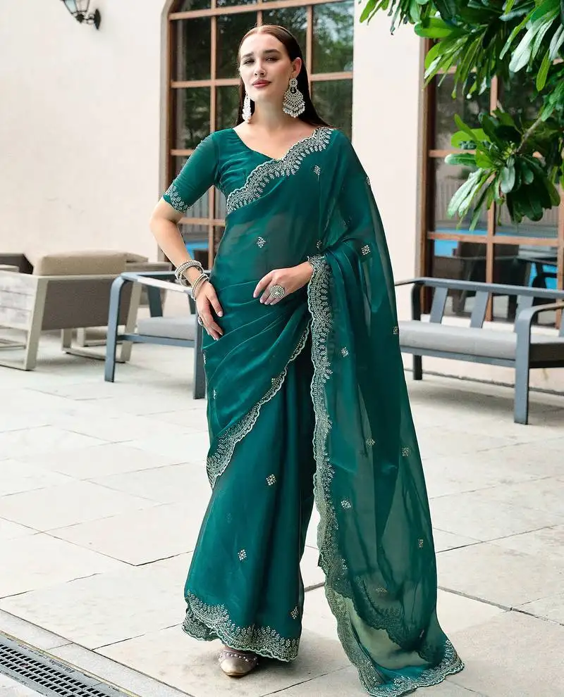 Teal green butti embroidery work shimmer chiffon bollywood saree